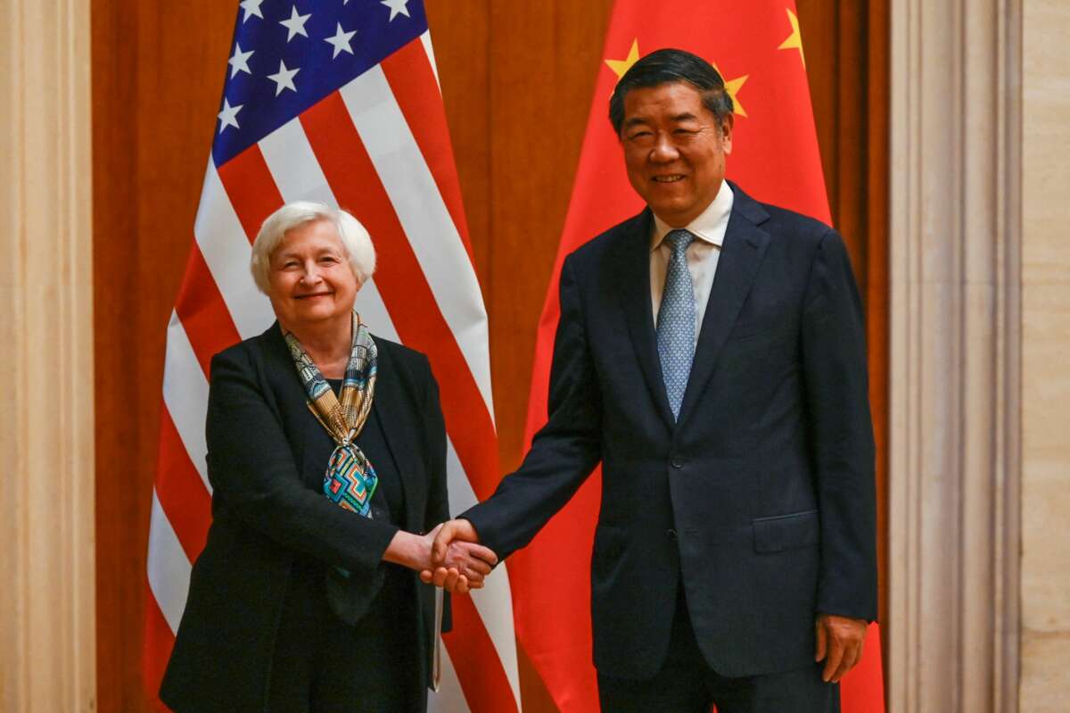 U.S. Treasury Secretary Janet Yellen (left) shakes hands with Chinese Vice Premier He Lifeng during a meeting at the Diaoyutai State Guesthouse in Beijing, China, on July 8, 2023.