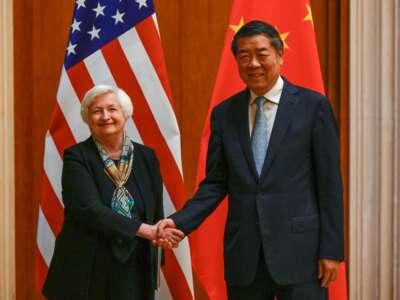 U.S. Treasury Secretary Janet Yellen (left) shakes hands with Chinese Vice Premier He Lifeng during a meeting at the Diaoyutai State Guesthouse in Beijing, China, on July 8, 2023.