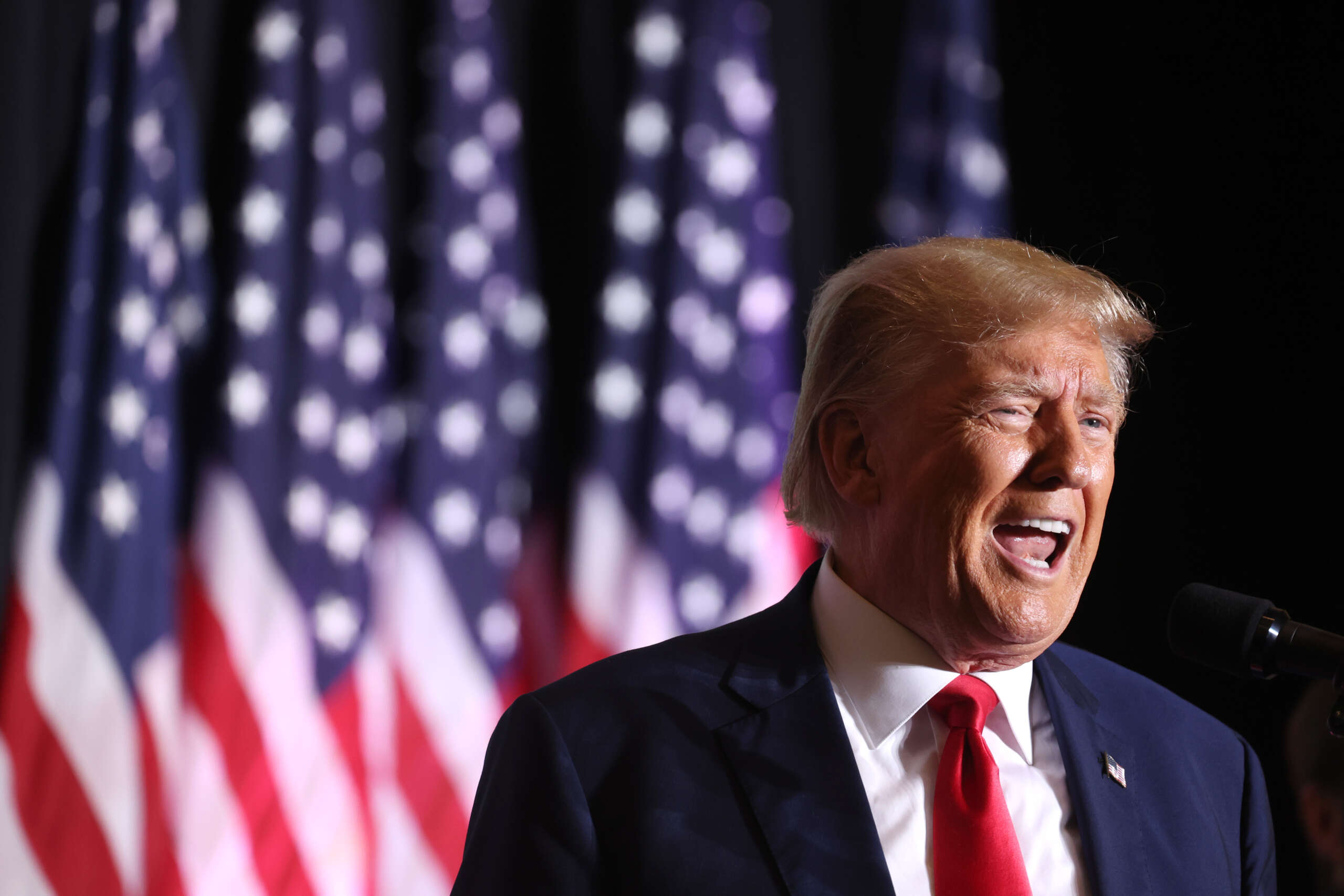 Former U.S. President Donald Trump speaks to supporters during a Farmers for Trump campaign event at the MidAmerica Center on July 7, 2023, in Council Bluffs, Iowa.