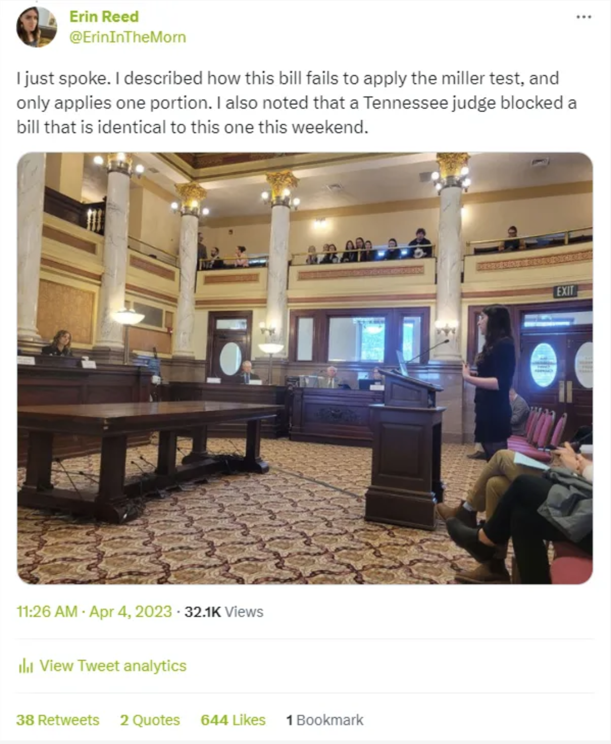 Screenshot of tweet from Erin Reed on how she spoke against a drag ban bill.