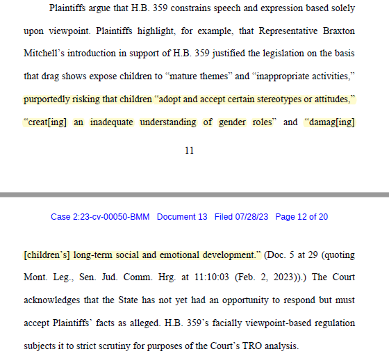 Page 12, the Judge using Rep. Mitchell’s words to rule that the drag ban is likely unconstitutional.