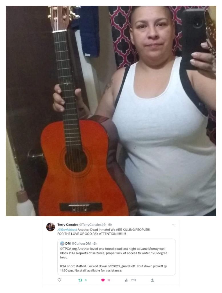 A photo of a person taking a selfie with a guitar, with text below detailing the manner of deaths happening within Texas prisons 