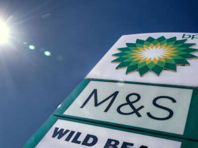 The BP logo is displayed outside a petrol station near Warmister, on August 15, 2022, in Wiltshire, England.
