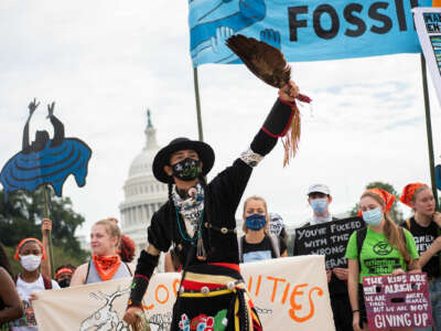 A Native American protester in a mask demonstrates with others in front of the U.S. Capitol