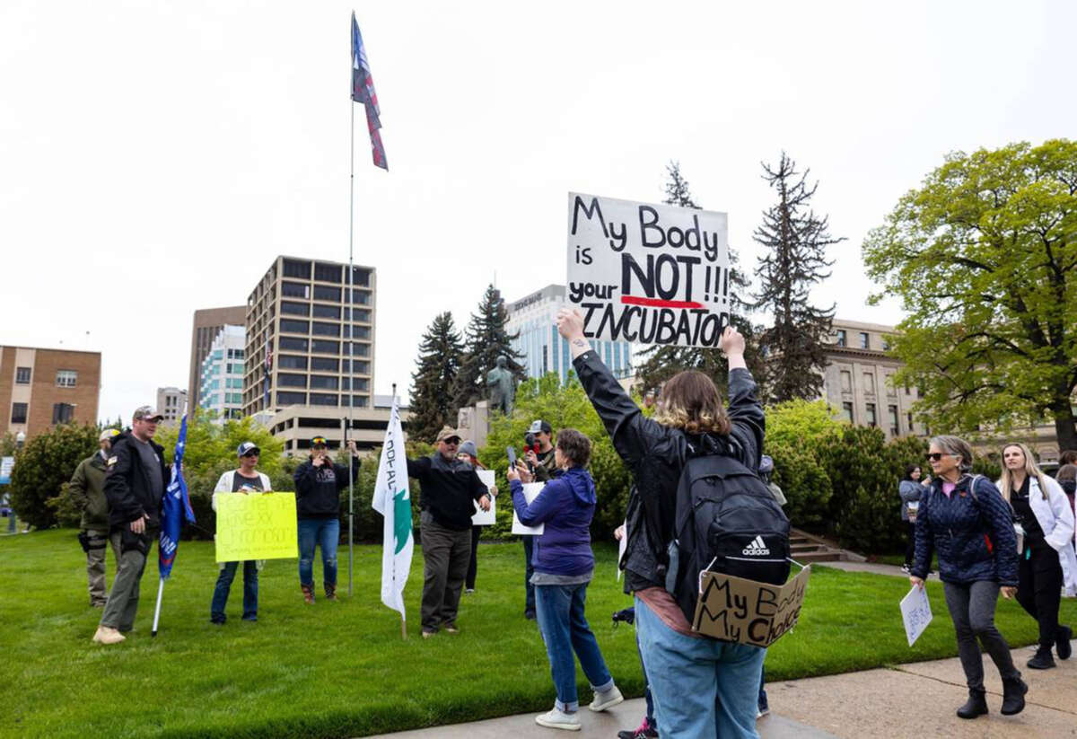 People participate in a rally for abortion rights outside of the Idaho Statehouse in downtown Boise on May 14, 2022.