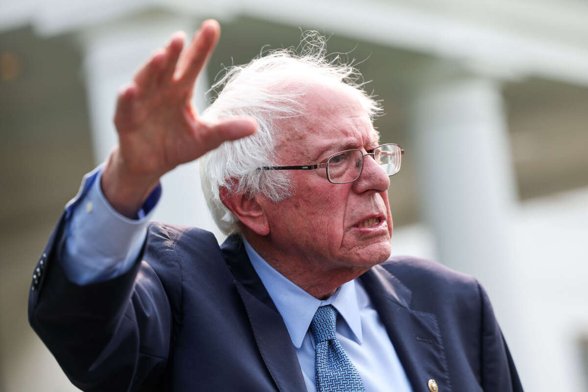 Sen. Bernie Sanders speaks to the media outside of the White House on July 17, 2023, in Washington, D.C.