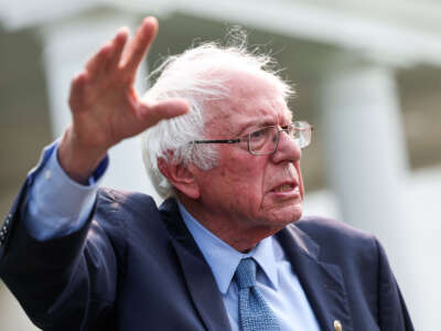 Sen. Bernie Sanders speaks to the media outside of the White House on July 17, 2023, in Washington, D.C.