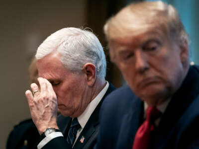 Vice President Mike Pence and President Donald Trump attend a meeting with the White House Coronavirus Task Force and pharmaceutical executives in Cabinet Room of the White House on March 2, 2020, in Washington, D.C.