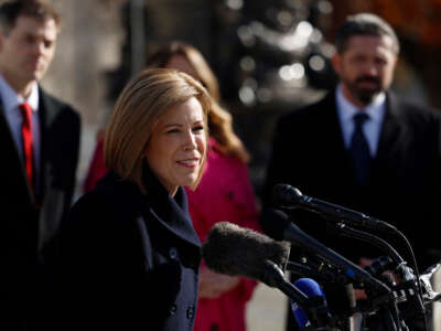 Lawyer Kristen Waggoner of the Alliance Defending Freedom speaks outside of the U.S. Supreme Court Building on December 5, 2022, in Washington, D.C.