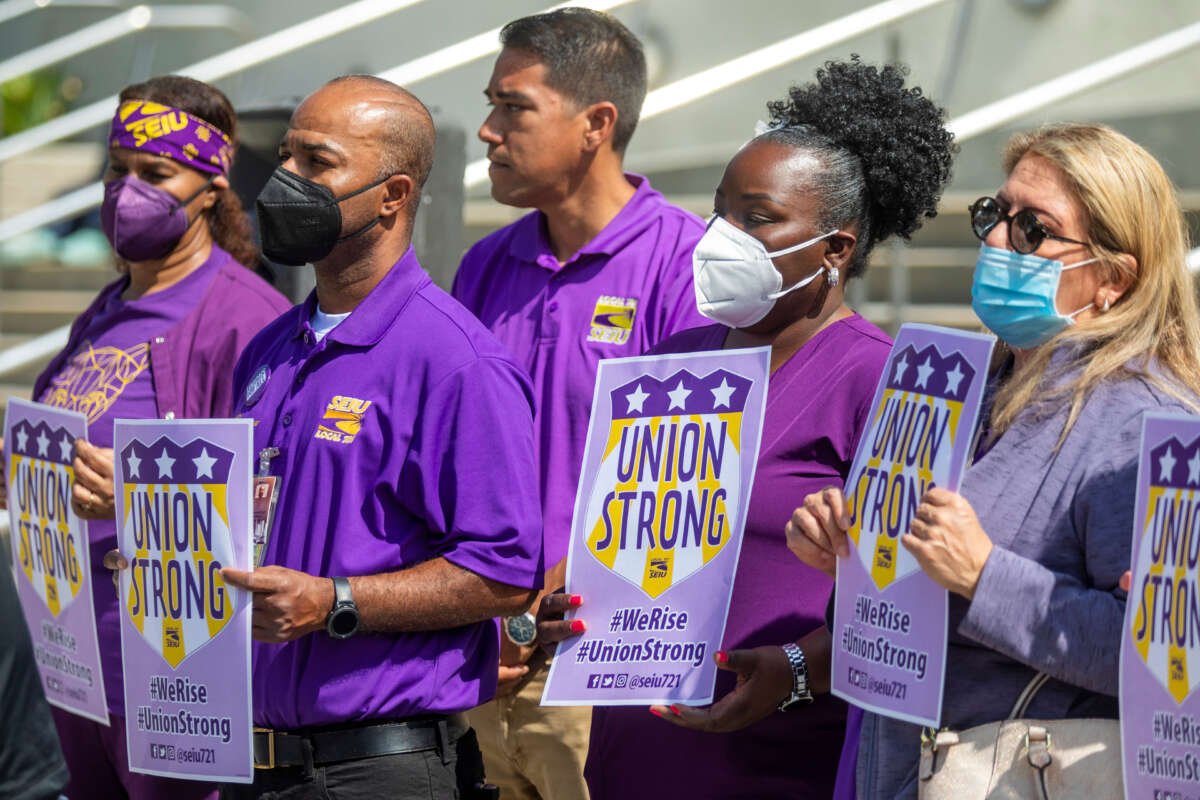 Members of the SEIU Local 721 hold a press conference outside LAC+USC Medical Center on May 26, 2022, in Los Angeles, California.