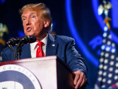 Former President Donald Trump speaks as the keynote speaker at the 56th Annual Silver Elephant Dinner hosted by the South Carolina Republican Party on August 5, 2023, in Columbia, South Carolina.