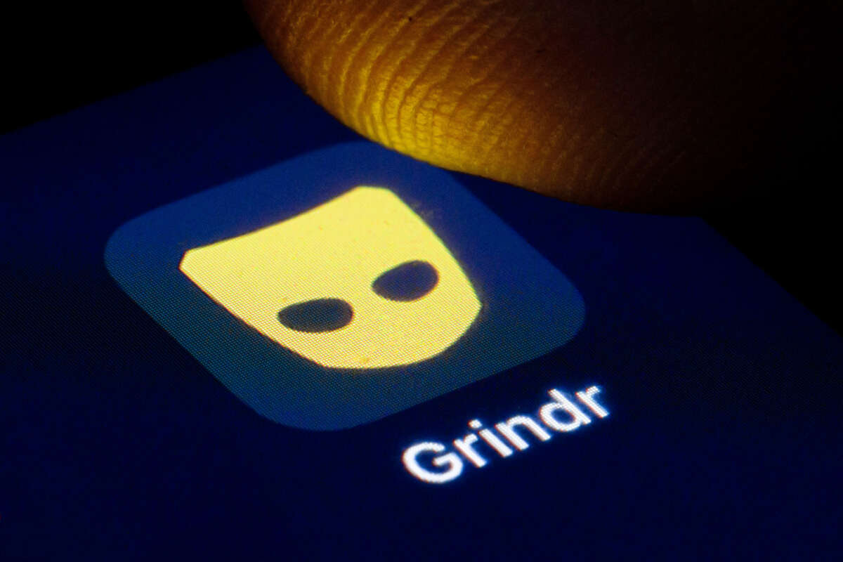 The logo of the dating app Grindr is shown on the display of a smartphone on April 22, 2020.