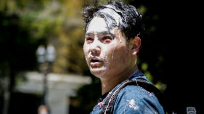 Andy Ngo is seen covered in an unknown substance thrown by unidentified counterprotesters on June 29, 2019, in Portland, Oregon.