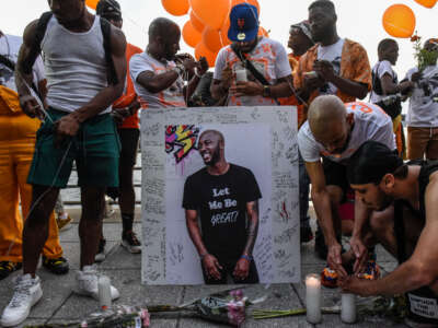 People create a makeshift memorial for O'Shae Sibley on August 5, 2023, in New York City.