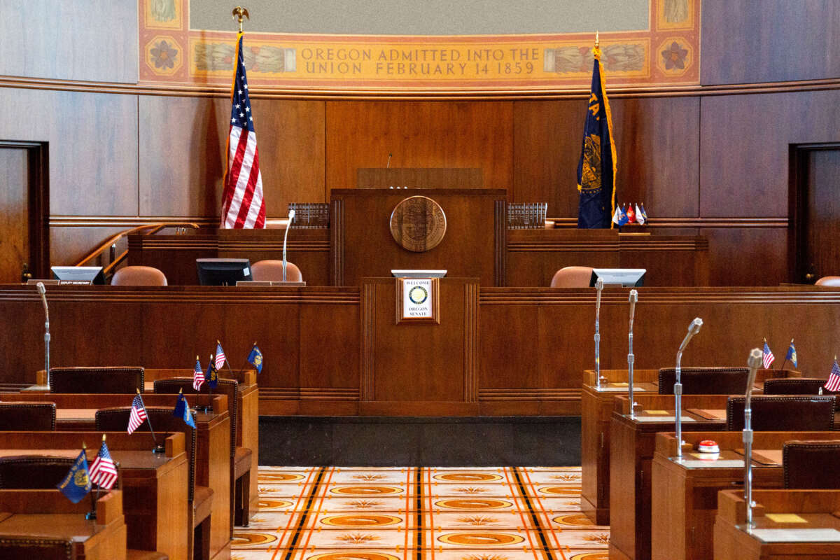 State Senate Chamber of the Oregon state capitol building is pictured in Salem, Oregon.