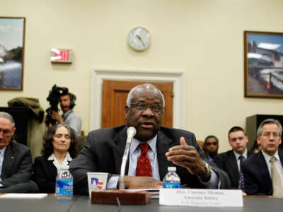 Supreme Court Justice Clarence Thomas testifies during a hearing before the Financial Services and General Government Subcommittee of the House Appropriations Committee on April 15, 2010, on Capitol Hill in Washington, D.C.