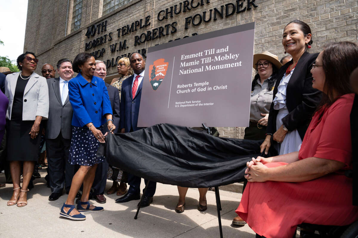 A temporary sign is unveiled for the Emmett Till and Mamie Till-Mobley National Monument site at Roberts Temple Church of God on August 1, 2023, in Chicago, Illinois.