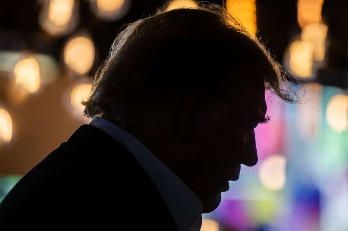 Republican presidential candidate and former President Donald Trump speaks during a rally at the Steer N' Stein bar at the Iowa State Fair on August 12, 2023, in Des Moines, Iowa.