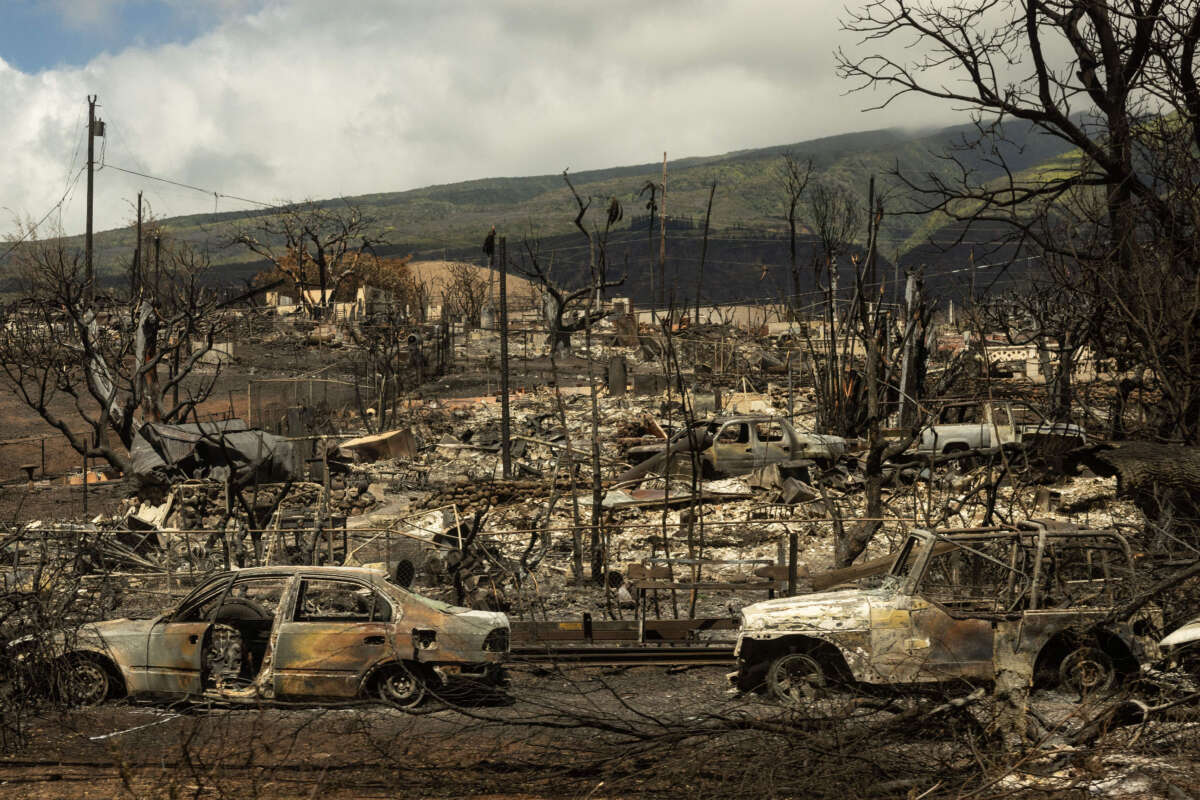 Carcasses of cars are seen among the ashes of burnt neighborhood in the aftermath of a wildfire, in Lahaina, western Maui, Hawaii, on August 14, 2023.