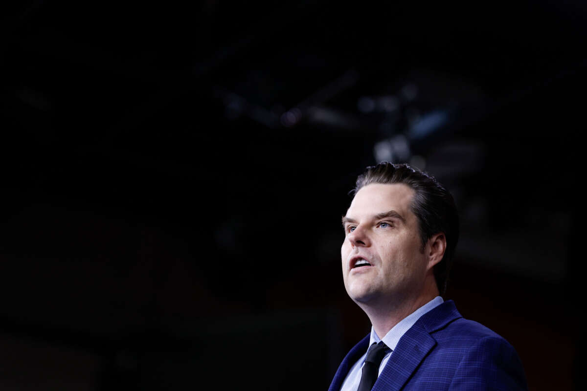 Rep. Matt Gaetz speaks during a press conference on the National Defense Authorization Act with members of the House Freedom Caucus on July 14, 2023, in Washington, D.C.