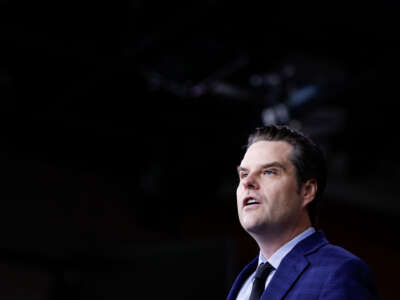 Rep. Matt Gaetz speaks during a press conference on the National Defense Authorization Act with members of the House Freedom Caucus on July 14, 2023, in Washington, D.C.