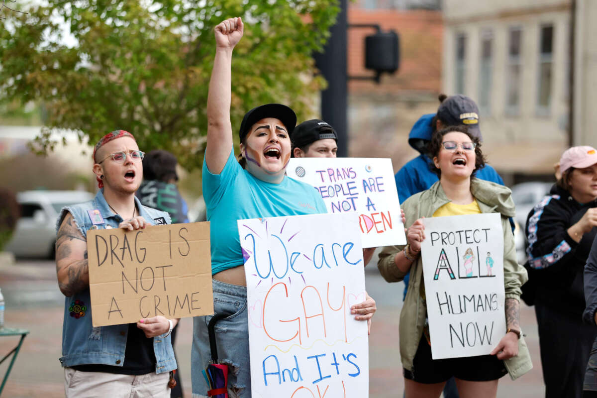 People cheer on a speaker during the Drag the Fascists rally at CCB Plaza in Durham, North Carolina, on April 1, 2023.
