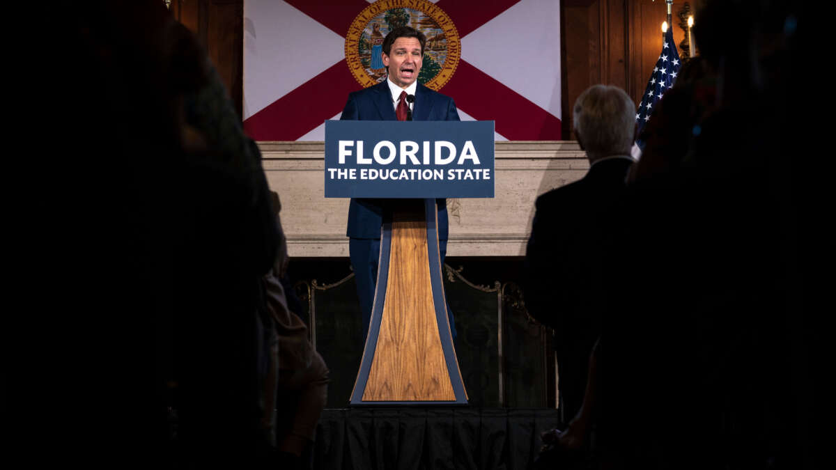 Florida Gov. Ron DeSantis takes questions from the media after signing three education bills on the campus of New College of Florida in Sarasota, Florida, on May 15, 2023.