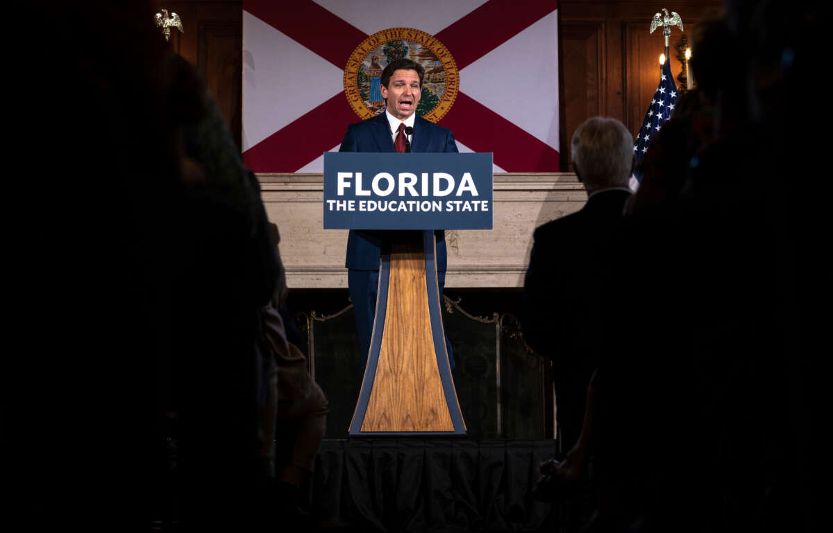 Florida Gov. Ron DeSantis takes questions from the media after signing three education bills on the campus of New College of Florida in Sarasota, Florida, on May 15, 2023.