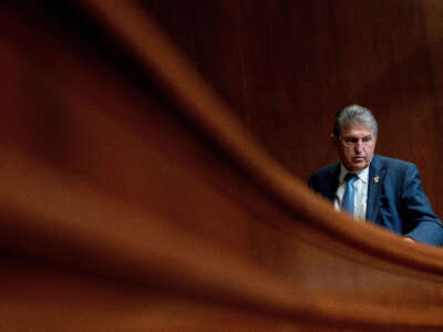Sen. Joe Manchin arrives for a Senate Appropriations Subcommittee on Commerce, Justice, Science, and Related Agencies hearing on Capitol Hill in Washington, D.C., on March 28, 2023.