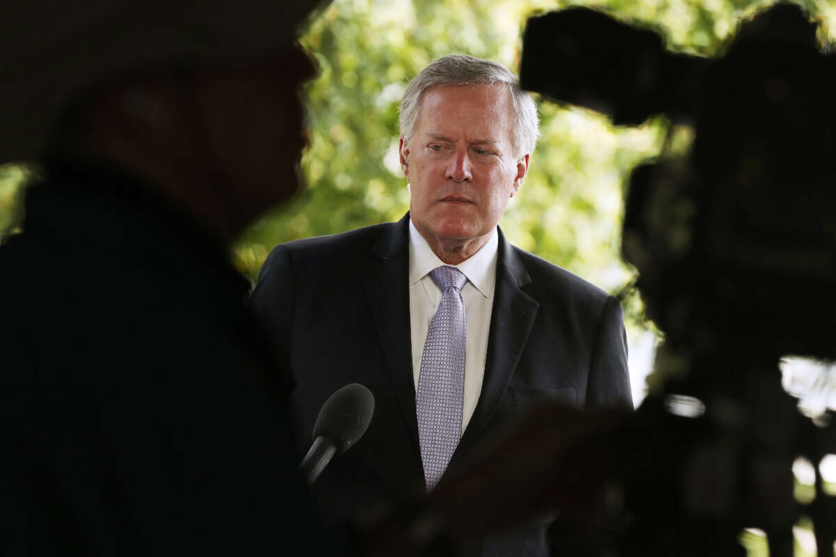 Then-White House Chief of Staff Mark Meadows waits to be interviewed outside the West Wing of the White House on August 21, 2020, in Washington, D.C.