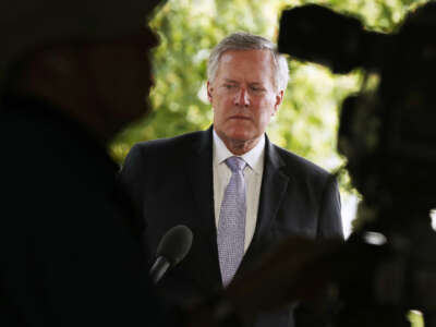 Then-White House Chief of Staff Mark Meadows waits to be interviewed outside the West Wing of the White House on August 21, 2020, in Washington, D.C.