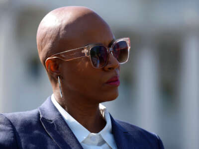 Rep. Ayanna Pressley joins a news conference outside the U.S. Capitol on April 28, 2022, in Washington, D.C.