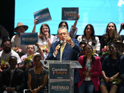 Guatemalan presidential candidate for the Semilla party, Bernardo Arévalo, delivers a speech during the closing of his campaign at Central Square in Guatemala City on August 16, 2023.