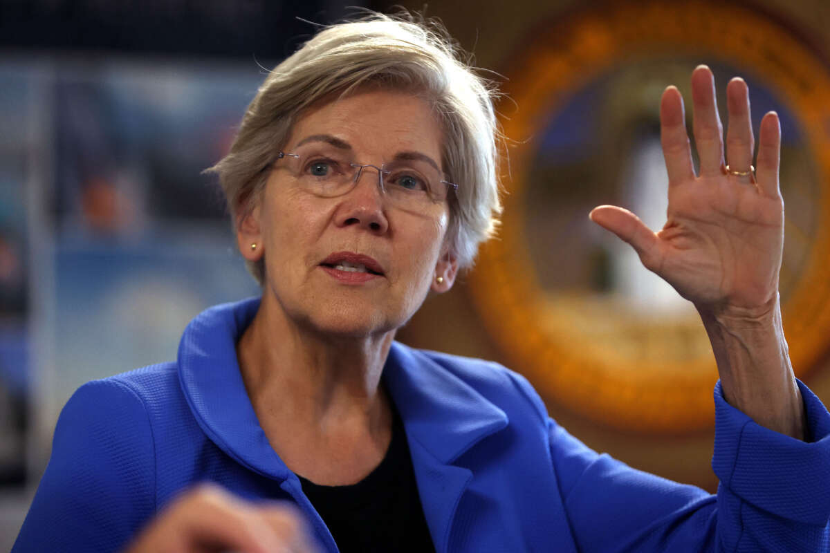 Sen. Elizabeth Warren speaks during a press conference in New Bedford, Massachusetts, on August 2, 2023.