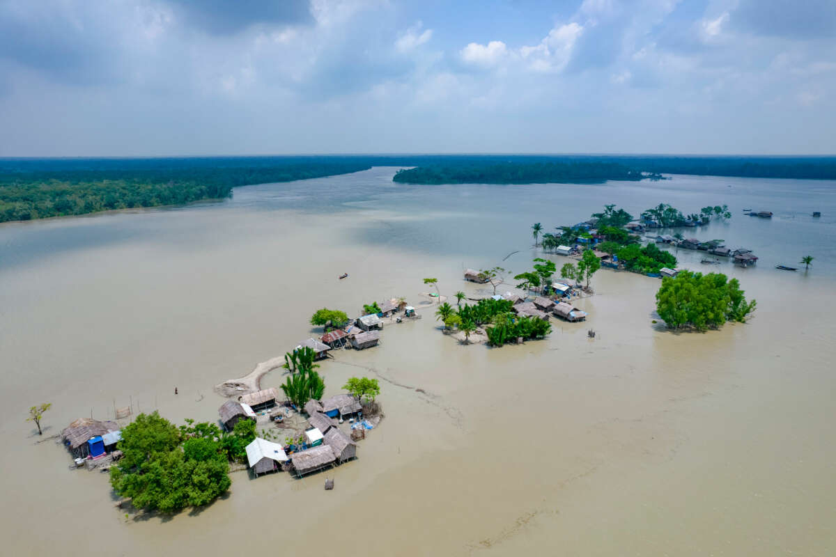 A flooded village, as seen from an aerial view