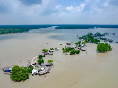 A flooded village, as seen from an aerial view