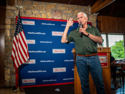 Former Vice President Mike Pence speaks at the Eagle Point Park Lodge on July 30, 2023, in Clinton, Iowa.