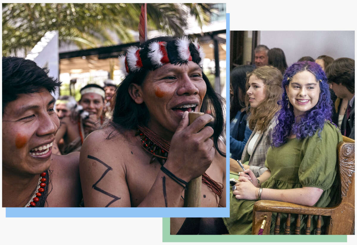 Left: Members of the Waorani Indigenous community demonstrate for peace, for nature and to promote a "Yes" vote in a referendum to end oil drilling in the Yasuni National Park, in the commercial area in northern Quito, Ecuador, on August 14, 2023. Right: Youth plaintiffs await the start of the nation's first youth climate change trial at Montana's First Judicial District Court on June 12, 2023, in Helena, Montana.