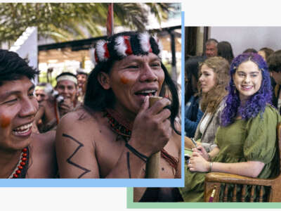 Left: Members of the Waorani Indigenous community demonstrate for peace, for nature and to promote a "Yes" vote in a referendum to end oil drilling in the Yasuni National Park, in the commercial area in northern Quito, Ecuador, on August 14, 2023. Right: Youth plaintiffs await the start of the nation's first youth climate change trial at Montana's First Judicial District Court on June 12, 2023, in Helena, Montana.