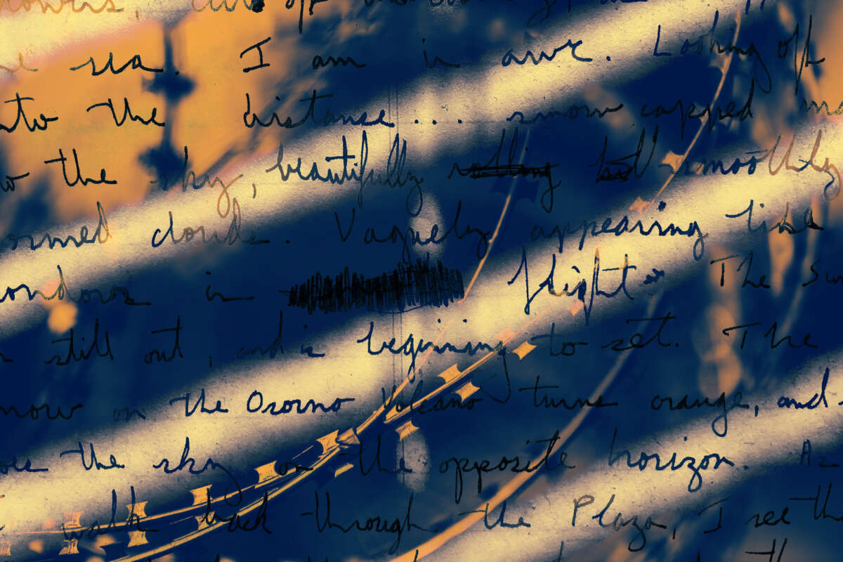 A handwritten letter overlaid over loops of razor wire