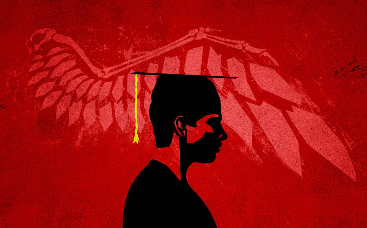 Illustration of college graduate with ominous red right wing in background