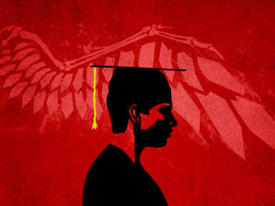Illustration of college graduate with ominous red right wing in background