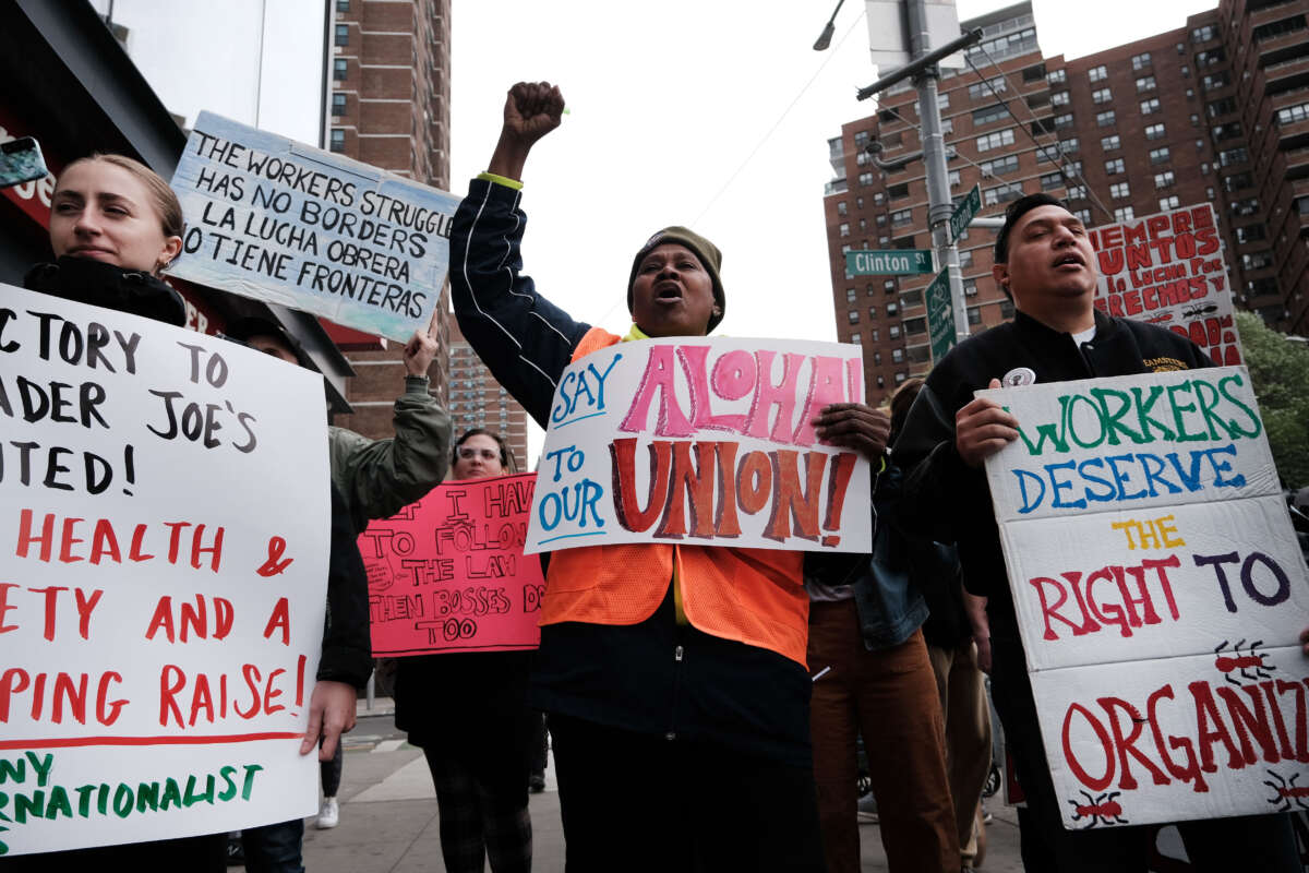 Trader Joe’s employees and union activists hold a rally at a Trader Joe’s in lower Manhattan in support of forming a union at the grocery store on April 18, 2023, in New York City.