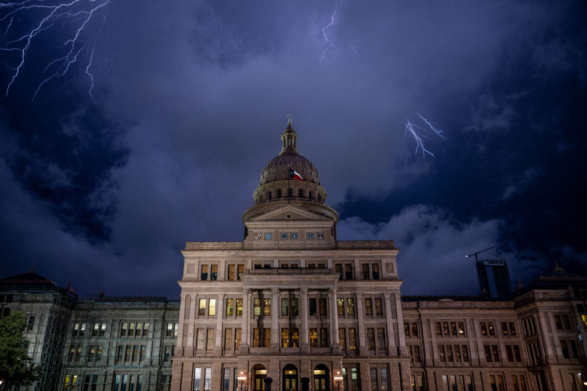 The Texas State Capitol is seen in a thunderstorm on April 21, 2023, in Austin, Texas.