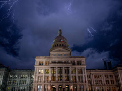 The Texas State Capitol is seen in a thunderstorm on April 21, 2023, in Austin, Texas.