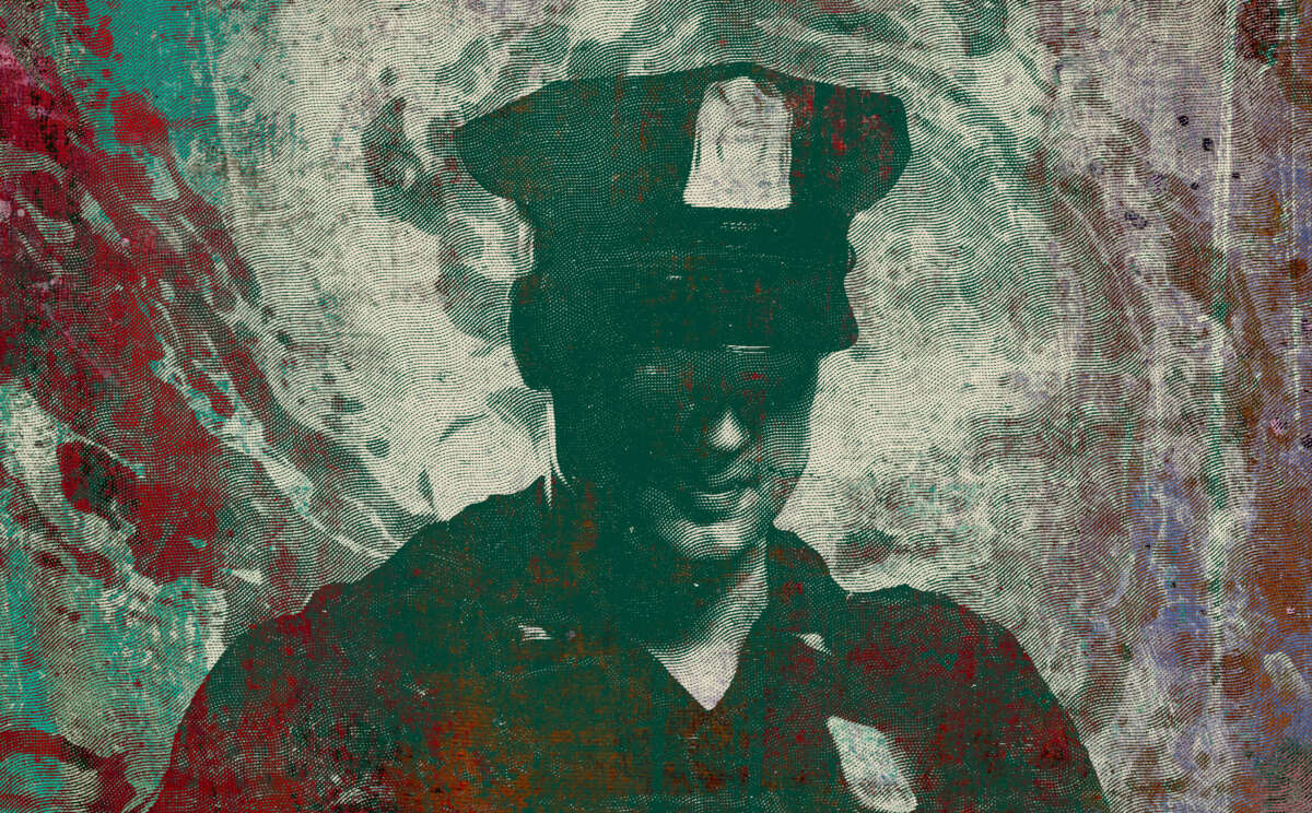 Police officer in green dollar bill engraving style with swirl of red and blue