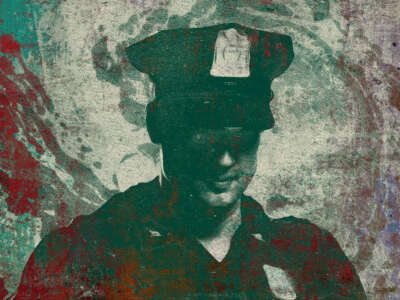 Police officer in green dollar bill engraving style with swirl of red and blue