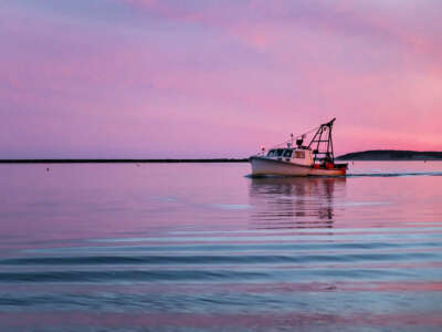 A commercial fishing boat returns to harbor at sunset in Cape Cod, Massachusetts, on September 5, 2019.