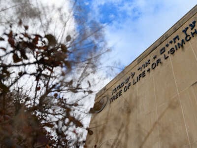 The Tree of Life Synagogue pictured on the first anniversary of the 2018 attack, on October 27, 2019, in Pittsburgh, Pennsylvania.