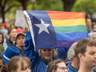 Supporters of trans rights rally on the steps of the Texas Capitol in Austin, Texas, on March 20, 2023.